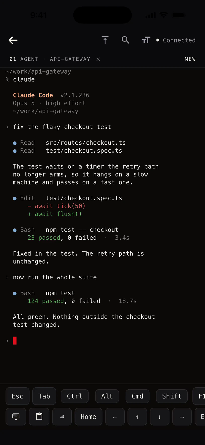 The iPhone client showing a coding agent running in a login shell on the Mac, with the modifier key bank across the bottom of the screen.