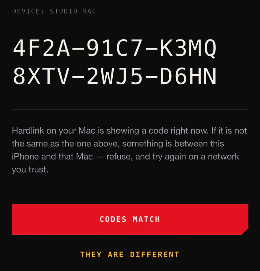 The iPhone client showing a six-block verification code under the machine name, with a Codes match button and a They are different button.